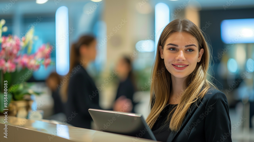 Young beautiful businesswoman smiling while standing in a modern office building Young beautiful businesswoman smiling while standing in a modern office building