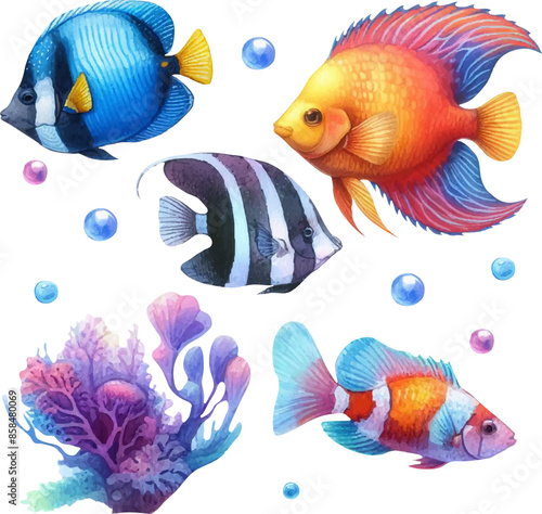 set with a variety of fish in watercolor style
