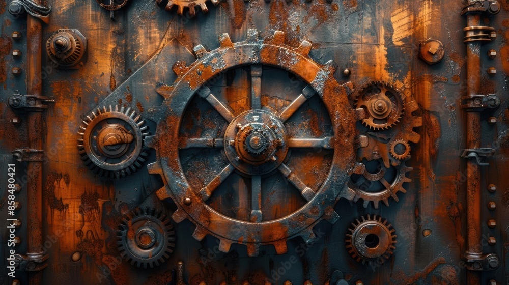 Intricate metallic gears and cogs on a rusty backdrop, highlighting industrial and mechanical themes Intricate metallic gears and cogs on a rusty backdrop, highlighting industrial and mechanical themes