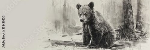 A poignant pencil sketch depicting a lone bear cub amidst the barren,deforested landscape,serving as a powerful symbol of the environmental crisis and the urgent need for conservation efforts. photo