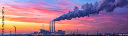 Industrial factory releasing smoke during a vibrant sunset, highlighting pollution against a colorful sky © Anutha