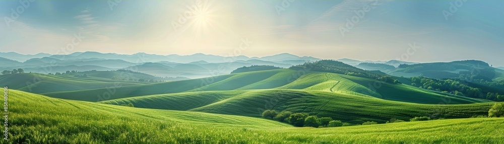 Serene hills and valleys with golden sunlight, offering a calming and picturesque scene Serene hills and valleys with golden sunlight, offering a calming and picturesque scene