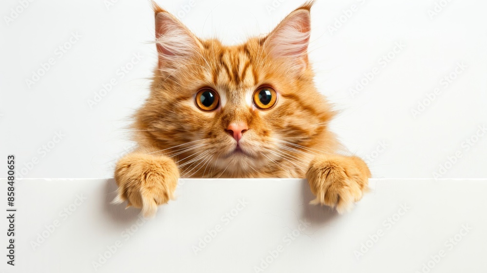 Funny cat holding a sign with space for text above white background Funny cat holding a sign with space for text above white background