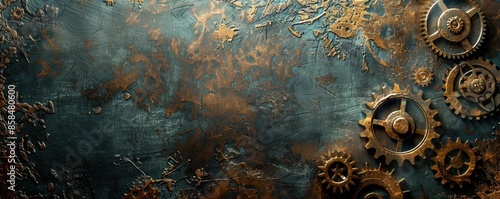 Rustic gears set against a detailed, textured background evoke a steampunk industrial vibe
