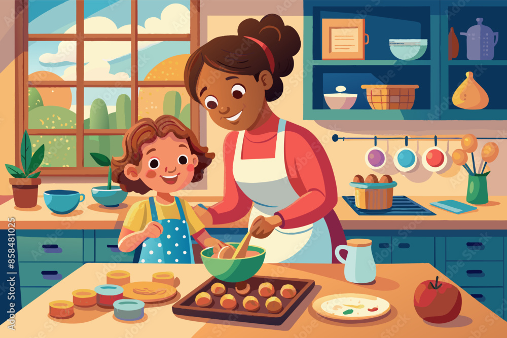 Mother and daughter happily baking cookies together in the kitchen, smiling and surrounded by baking ingredients and utensils. Mother and daughter happily baking cookies together in the kitchen, smiling and surrounded by baking ingredients and utensils.