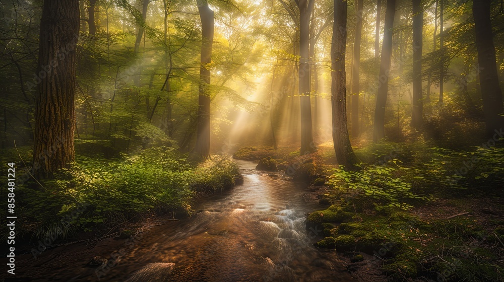 A forest with a stream or river running through it. Sunset and the sun shines through the trees with a warm yellowish light. The trees are lush and green. A natural backdrop. Illustration for design. A forest with a stream or river running through it. Sunset and the sun shines through the trees with a warm yellowish light. The trees are lush and green. A natural backdrop. Illustration for design.