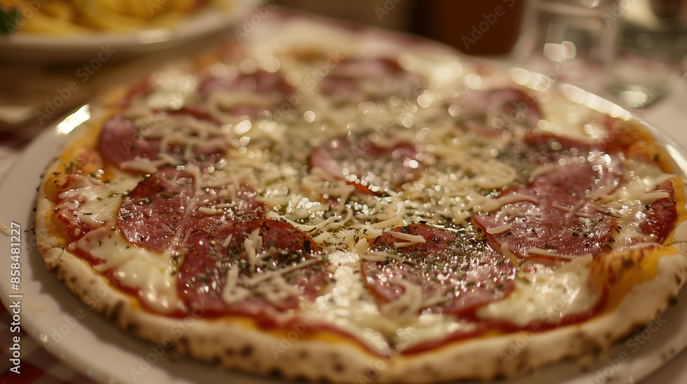 Photo of a salami pizza with cheese and champions, on a table in an Italian restaurant Photo of a salami pizza with cheese and champions, on a table in an Italian restaurant