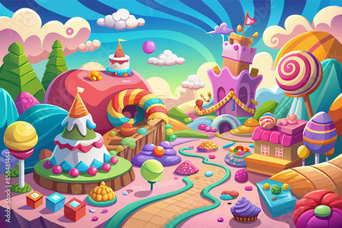 a cartoon candy land with lots of candy, An animated confectionery realm abundant with various types of candies.