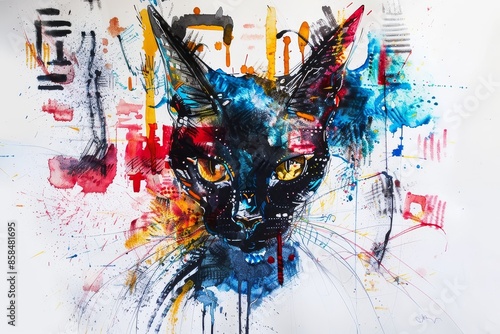 Captivating and Visually Stunning Watercolor Painting of the Revered Egyptian Goddess Bastet,Presented in an Abstract,Vibrant,and Imaginative Digital Artwork Design photo