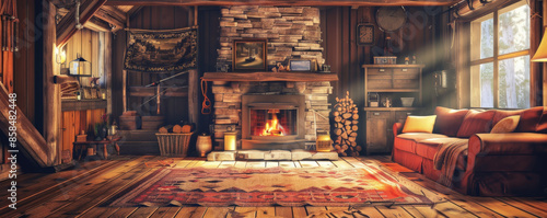 Cozy cabin interior background with wooden beams, a roaring fireplace, and textured rugs. The warm, inviting scene evokes comfort and hominess, ideal for cozy or rustic themes © AI_images
