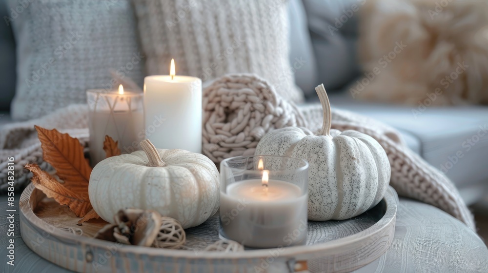 Autumn cozy arrangement with gray pumpkin candles on wooden tray Scandinavian hygge decor Autumn cozy arrangement with gray pumpkin candles on wooden tray Scandinavian hygge decor