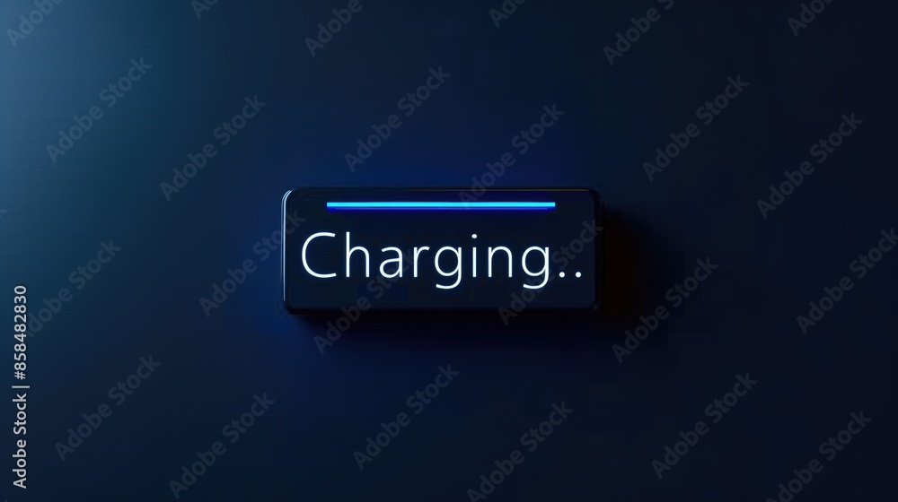Battery charging icon on navy blue background with text Battery charging icon on navy blue background with text