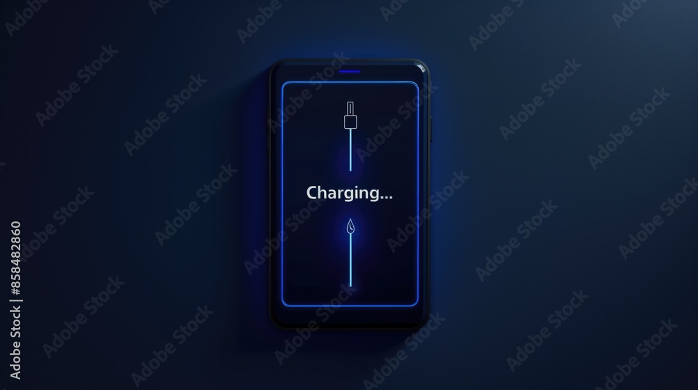 Battery charging text and battery on navy blue background with text Battery charging text and battery on navy blue background with text