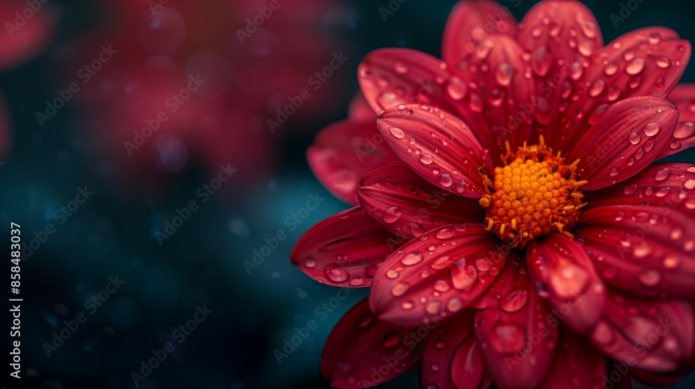 A close-up shot of a red flower covered in water droplets after a light rain A close-up shot of a red flower covered in water droplets after a light rain