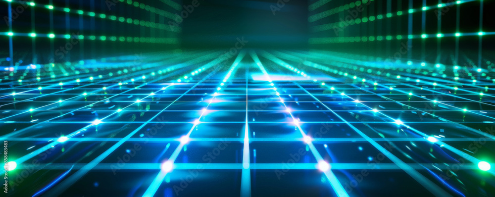 Futuristic digital matrix background with neon blue and green grid lines on a dark backdrop. The glowing, high-tech aesthetic creates a sense of cutting-edge technology and innovation, ideal for Futuristic digital matrix background with neon blue and green grid lines on a dark backdrop. The glowing, high-tech aesthetic creates a sense of cutting-edge technology and innovation, ideal for