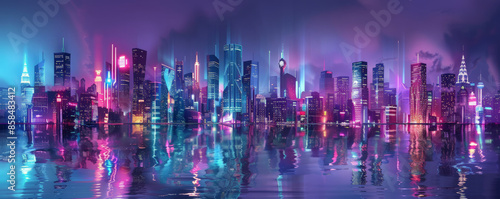 Futuristic city skyline background with neon lights, sleek skyscrapers, and textured reflections. The high-tech, vibrant scene creates a sense of energy and modernity, ideal for contemporary themes