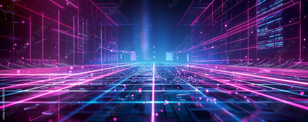 Obraz premium Futuristic neon grid background with glowing lines, dark contrasts, and textured digital elements. The high-tech, cyber aesthetic creates a sense of innovation and excitement, perfect for sci-fi