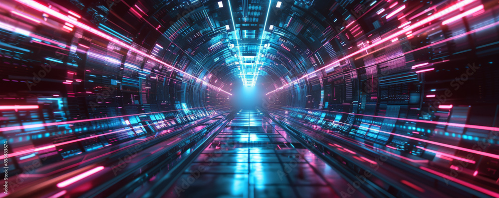 Futuristic neon tunnel background with glowing lines, dark contrasts, and textured digital elements. The high-tech, dynamic aesthetic creates a sense of innovation and excitement, ideal for sci-fi Futuristic neon tunnel background with glowing lines, dark contrasts, and textured digital elements. The high-tech, dynamic aesthetic creates a sense of innovation and excitement, ideal for sci-fi