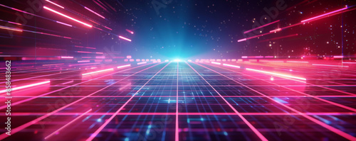 Futuristic neon grid background with glowing lines, dark contrasts, and textured digital elements. The high-tech, dynamic aesthetic creates a sense of innovation and excitement, ideal for sci-fi