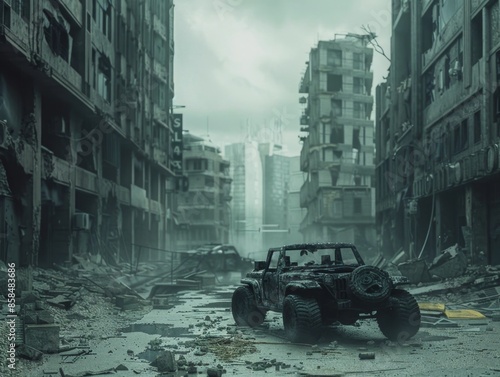 Barricaded Dystopian Urban Scene with Abandoned Vehicles and Shattered Glass