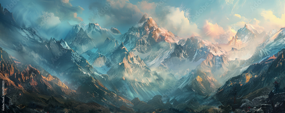 Majestic mountain range background with rugged peaks, snow-capped summits, and textured rock surfaces. The awe-inspiring, natural scene creates a sense of grandeur and adventure, perfect for outdoor Majestic mountain range background with rugged peaks, snow-capped summits, and textured rock surfaces. The awe-inspiring, natural scene creates a sense of grandeur and adventure, perfect for outdoor