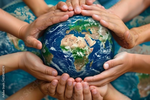 Hands holding planet Earth, symbolizing care for the planet and unity. © Dina