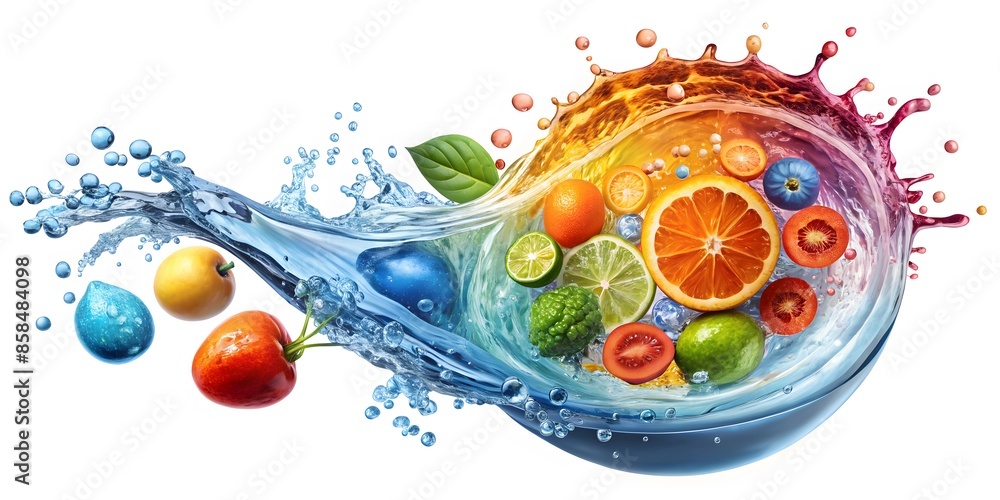 Rainbow Of Fresh Fruits And Vegetables In Water Splash. Healthy Eating Concept. Rainbow Of Fresh Fruits And Vegetables In Water Splash. Healthy Eating Concept.