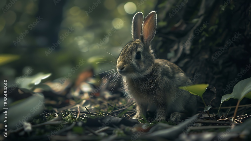 Fototapeta premium Sunlit Meadow Rabbit, Rabbit in the forest, AI generates the image