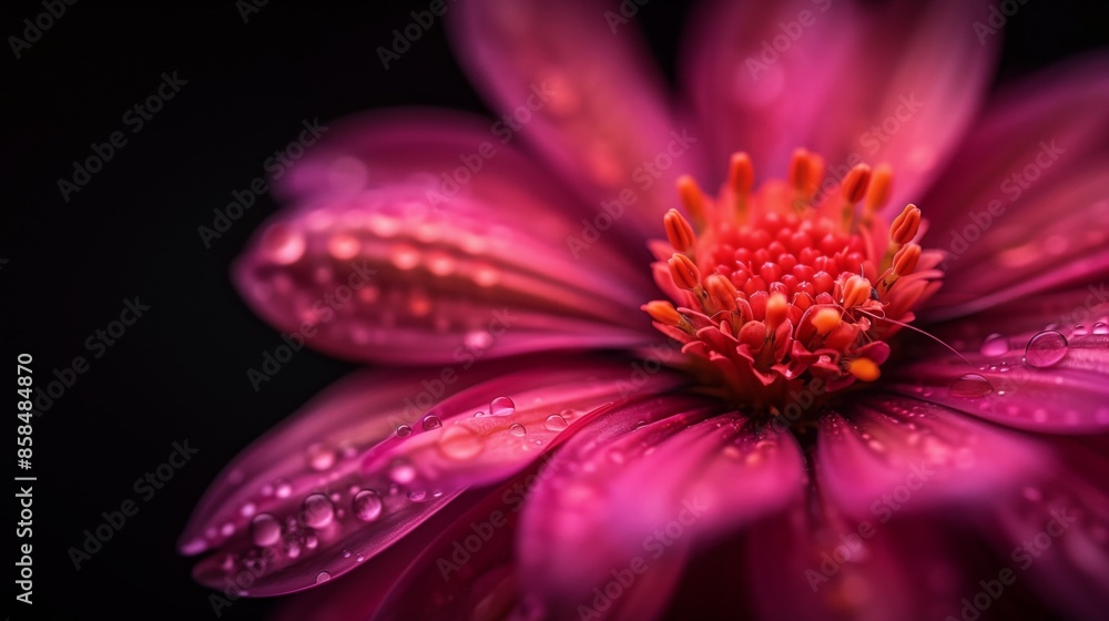 Close-up shot of a pink flower with dew drops on the petals Close-up shot of a pink flower with dew drops on the petals