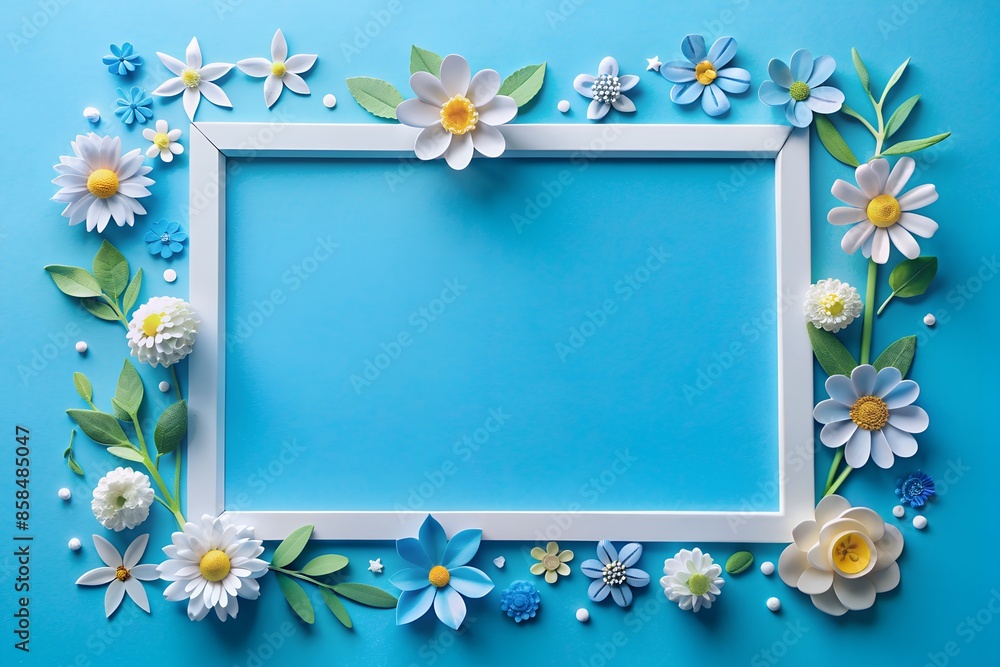 A frame made of blue and white flowers on a blue background A frame made of blue and white flowers on a blue background