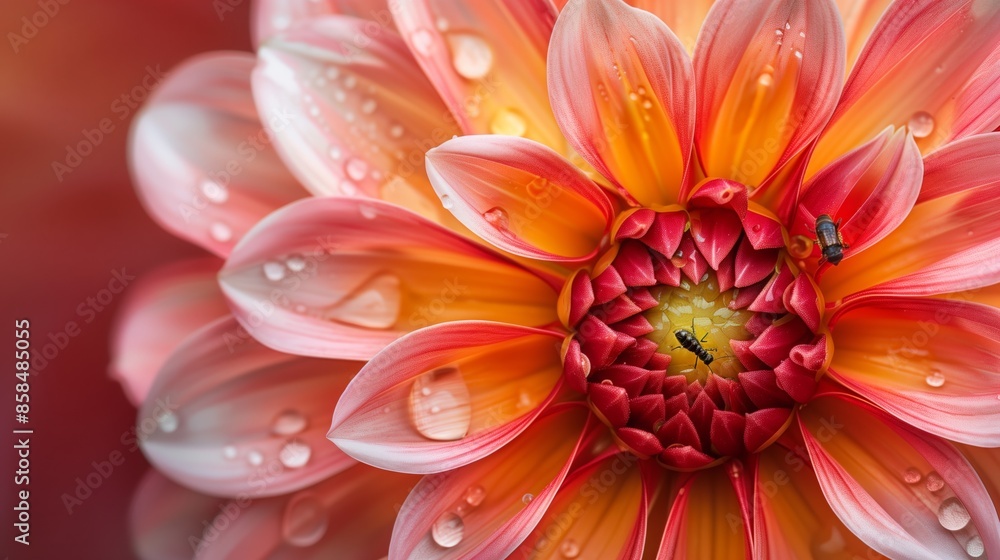 A close-up of a pink and orange dahlia with raindrops and insects A close-up of a pink and orange dahlia with raindrops and insects