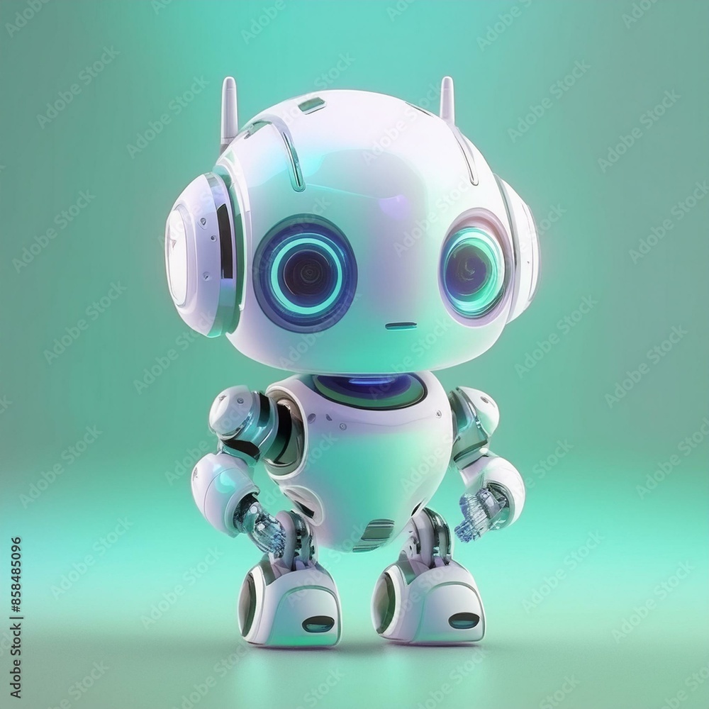 Niedlicher Roboter: Minimalistisches 3D-Design auf grünem/türkisen Hintergrund
Niedlicher Roboter: Minimalistisches 3D-Design auf grünem/türkisen Hintergrund
