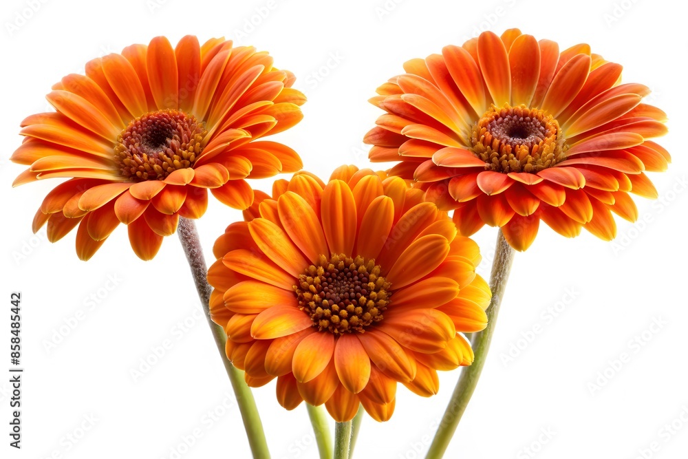 Three Orange Gerbera Flowers Isolated On A White Background Three Orange Gerbera Flowers Isolated On A White Background