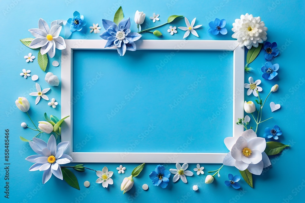 A frame made of blue and white flowers on a blue background A frame made of blue and white flowers on a blue background