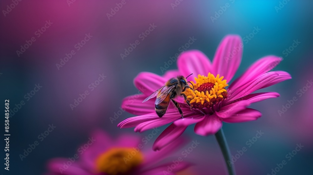 A bee gathers nectar from a vibrant pink flower