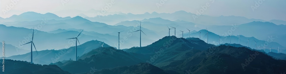 Wind turbines on top of a mountain with a panoramic view of the mountains in China Wind turbines on top of a mountain with a panoramic view of the mountains in China