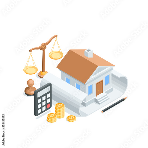 isometric vector house on a sheet of paper and a pencil as well as scales with a stamp and a calculator with coins, in color on a white background, planning and legal construction of housing