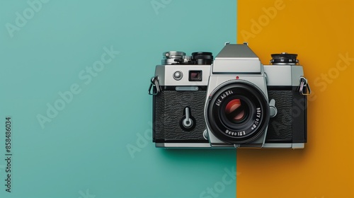 A classic film camera sits on a teal and orange background