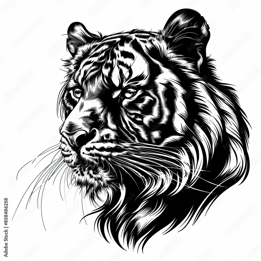 A black and white drawing of a tiger 's head A black and white drawing of a tiger 's head