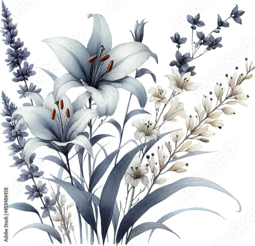 wildflowers and lilies in watercolor style