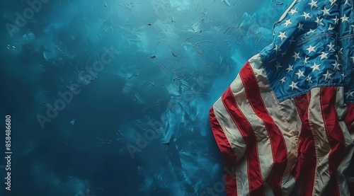 Faded American Flag Draped on Blue Background