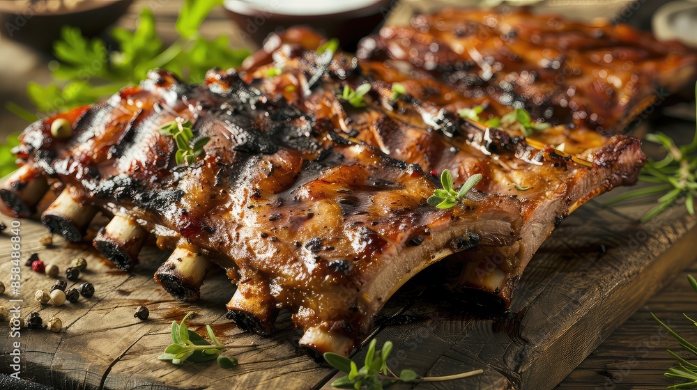 Grilled ribs on cutting board. Indulge in the smoky goodness of these grilled ribs, a true masterpiece of barbecue. Grilled ribs on cutting board. Indulge in the smoky goodness of these grilled ribs, a true masterpiece of barbecue.
