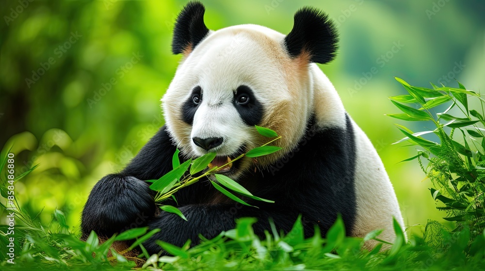 A panda eats a large bamboo stalk. Bamboo bliss for the charming panda. A panda eats a large bamboo stalk. Bamboo bliss for the charming panda.