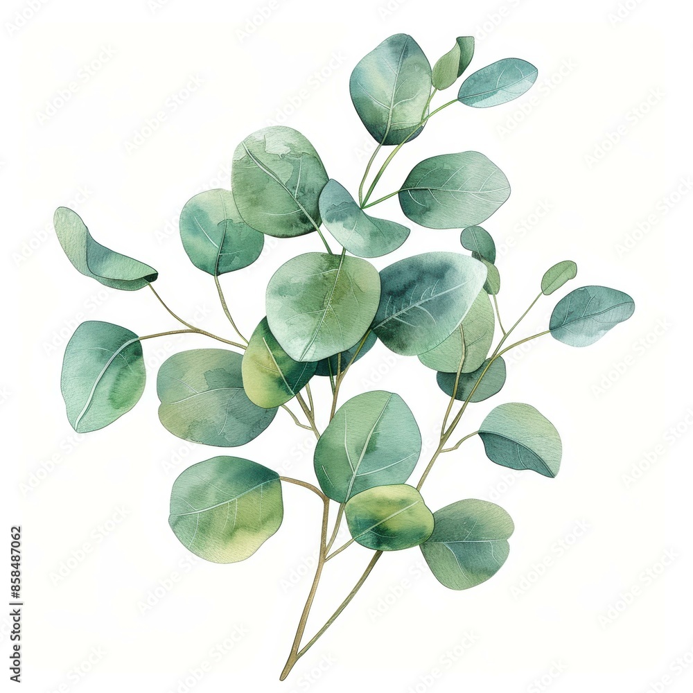Obraz premium A watercolor illustration featuring eucalyptus leaves, artistically rendered with shades of green on a white background.