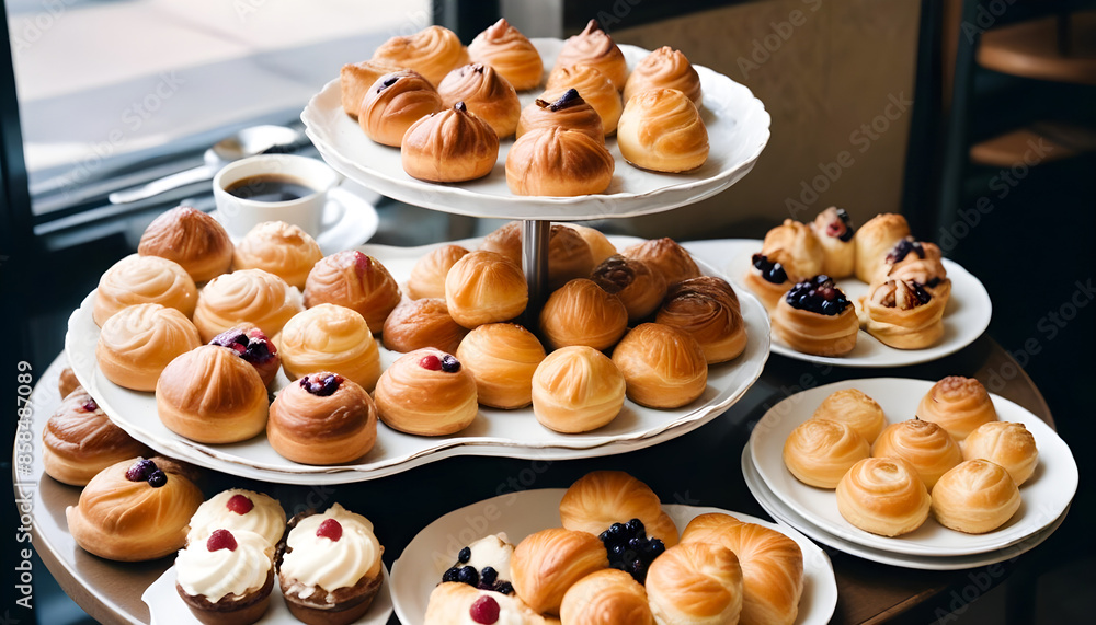 Fresh muffins, cookies, cakes arranged on a plate for guests Fresh muffins, cookies, cakes arranged on a plate for guests