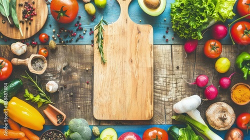 Cutting board, food and ingredients around it. Freshly chopped vegetables waiting to be cooked. Photo with copy space.