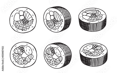 set of vector line drawing of sushi rolls