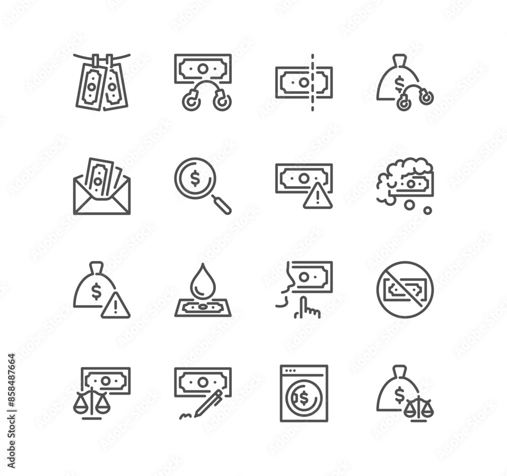 Set of financial crime related icons, money laundering payment for silence, fraud, bribe and linear variety vectors.
