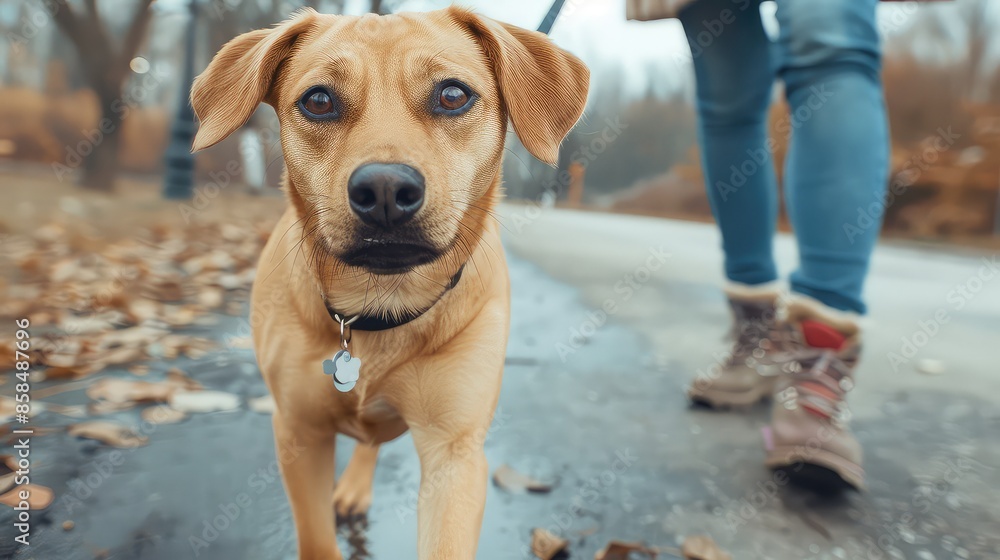 A dog walks with its owner. The love and devotion of a best friend. A paw-fect day for a stroll, creating memories they'll cherish. A dog walks with its owner. The love and devotion of a best friend. A paw-fect day for a stroll, creating memories they'll cherish.