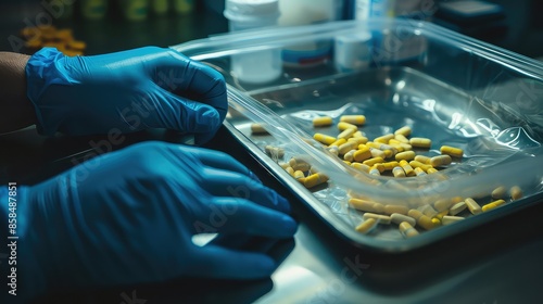 Modern pharmacology. Hands of a doctor sorting out medicinal pills or vitamin capsules. The experienced touch of a physician organizes a tapestry of capsules, a testament to personalized healthcare.